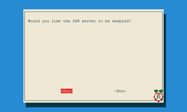 Captures d'écrans raspi-config de la procédure d'activation du SSH sur Raspberry
