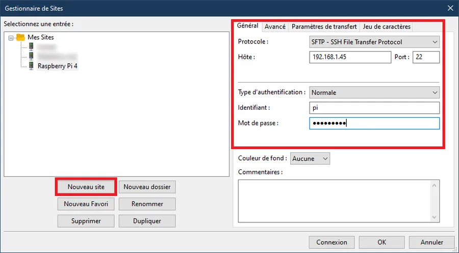Accueil FileZilla Raspberry Pi